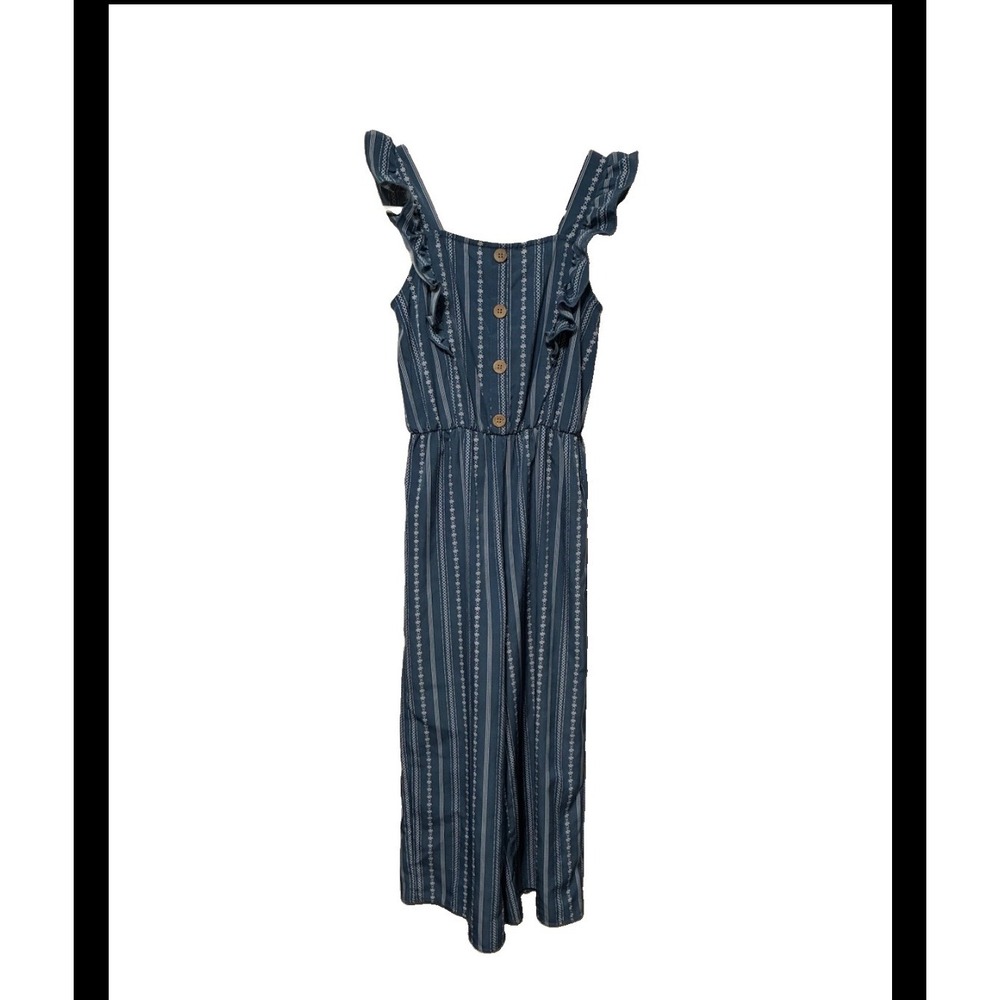 Lily Bleu Girls Blue White Striped Ruffle Wide Leg Jumpsuit Size 12